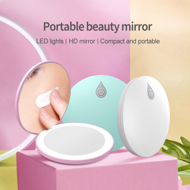New portable mini LED cosmetic mirror double-sided hand-held small round mirror